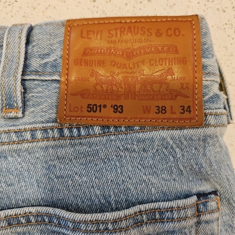 Levis 501 Jeans Mens Sz 38 x 34 Big E Red Tab Premium Blue Stone Wash Button Fly - Picture 7 of 10
